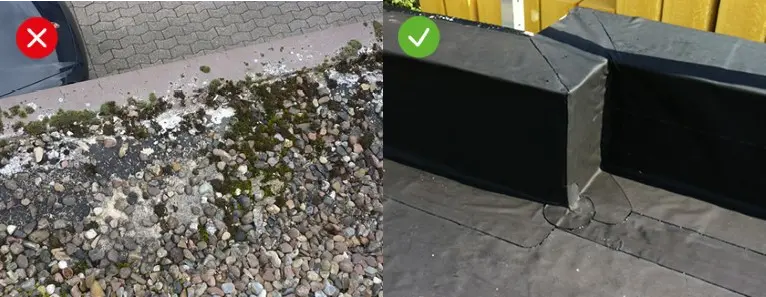 Vergleichsbild: Nicht vorhandene Dachranderhöhung vs. ausreichende Dachrandhöhe für eine wirksame Abdichtung für das Flachdach 