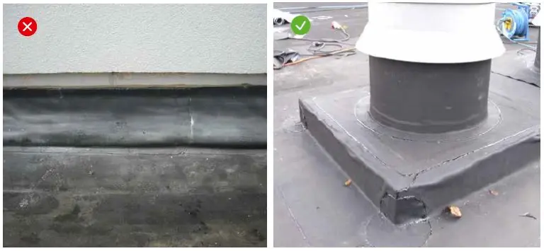 Vergleichsbild: Fehlerhafte vs. korrekte Ausbildung von Anschlüssen bei der Flachdachabdichtung
