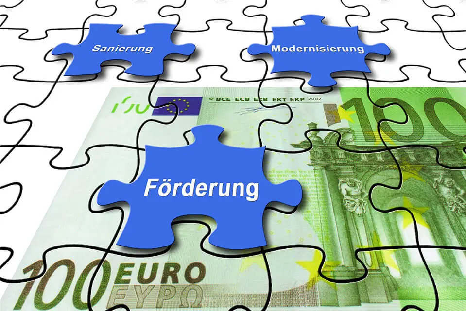 Puzzleteile mit den Begriffen „Sanierung“, „Modernisierung“ und „Förderung“ auf einem 100-Euro-Schein, symbolisieren finanzielle Unterstützung für die Radonsanierung
