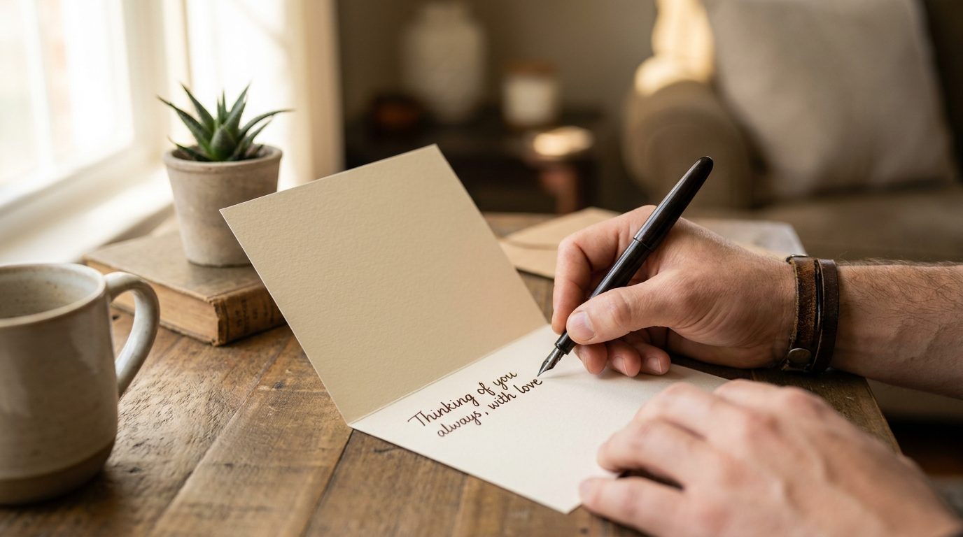 A hand writing a Father's Day message inside a greeting card