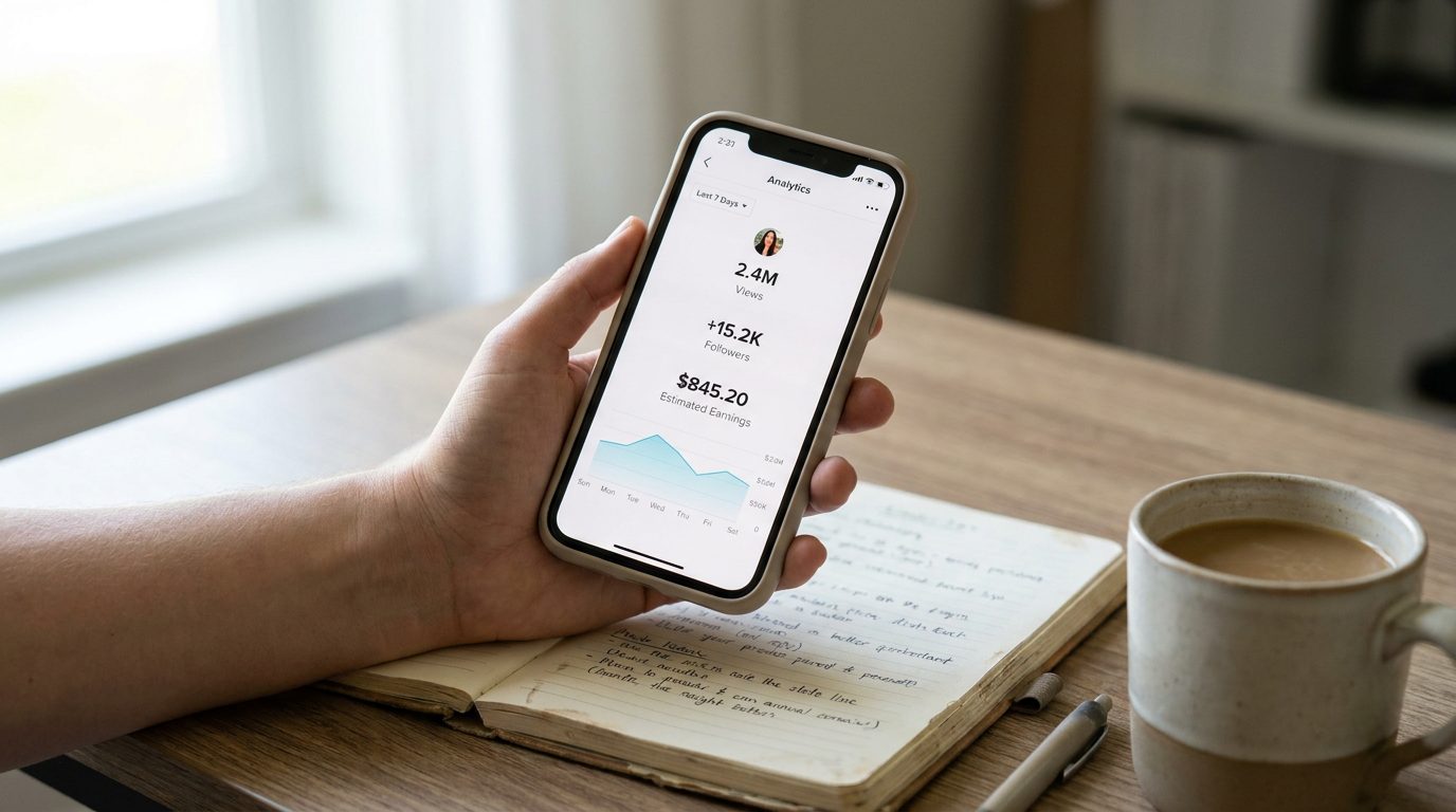 Close-up of a smartphone showing TikTok analytics dashboard with view and earnings data
