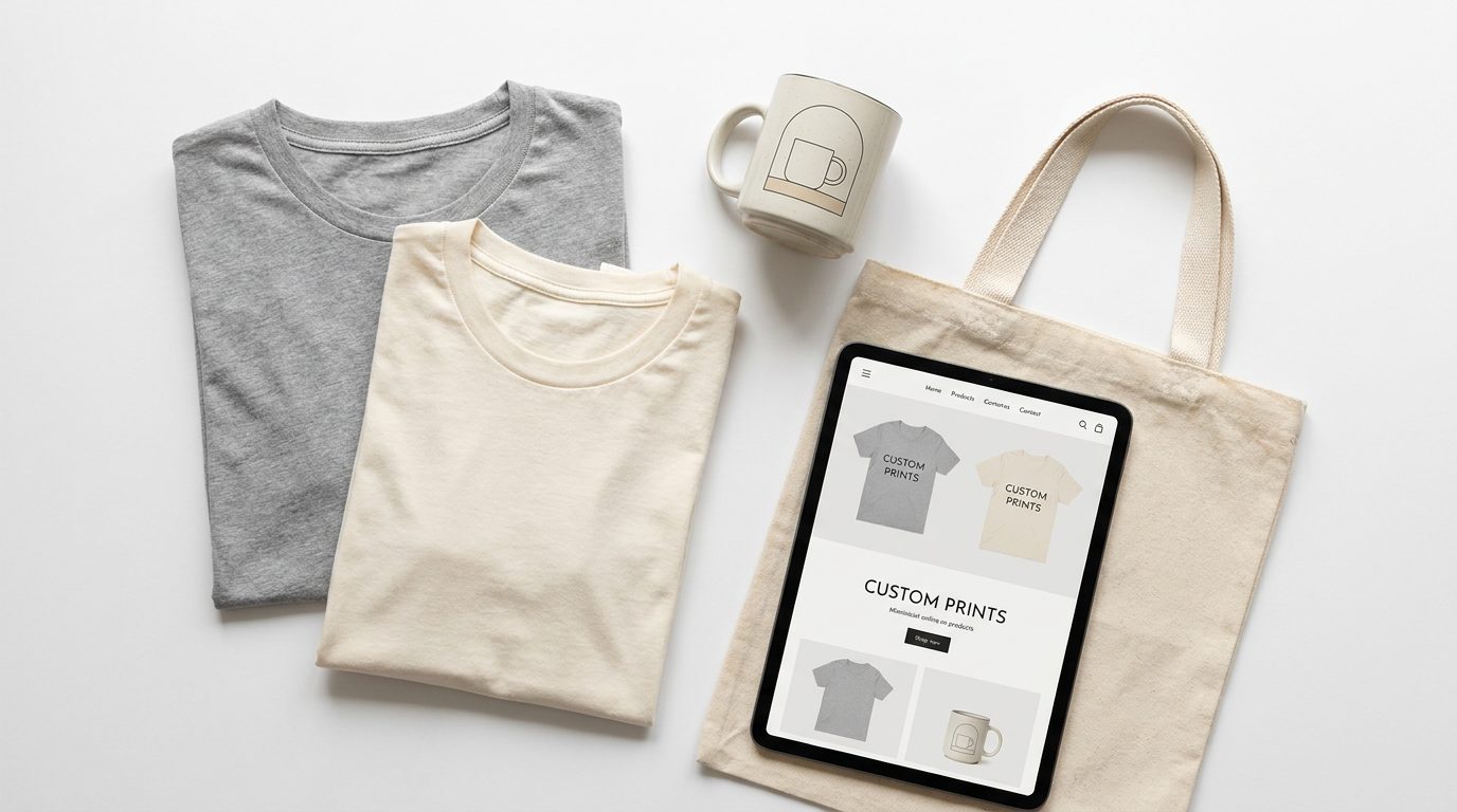 Custom POD products arranged around a tablet showing a clean Shopify product page