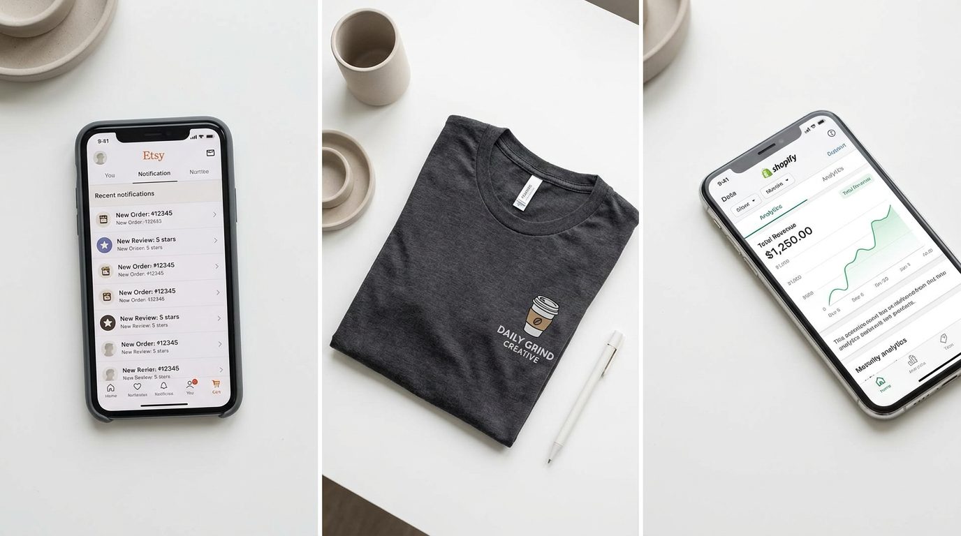 Two smartphones showing Etsy seller app and Shopify analytics dashboard side by side