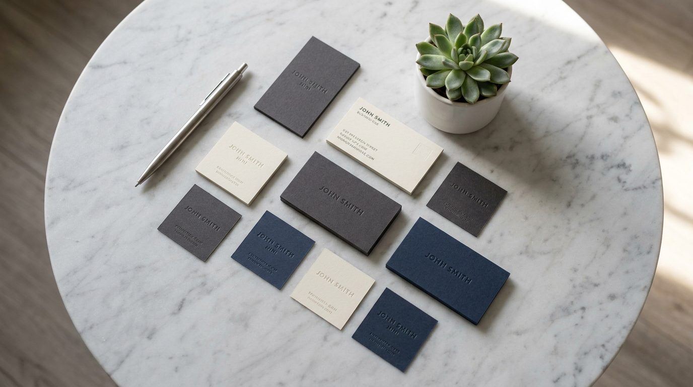 Business cards in different sizes laid out on a marble surface for comparison