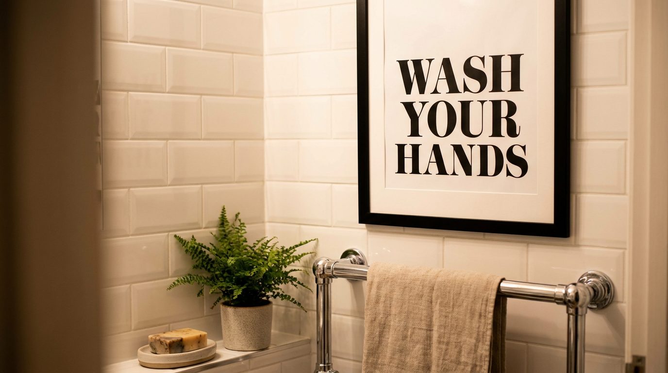Framed typography art print on a white bathroom wall above a towel rack with small plants