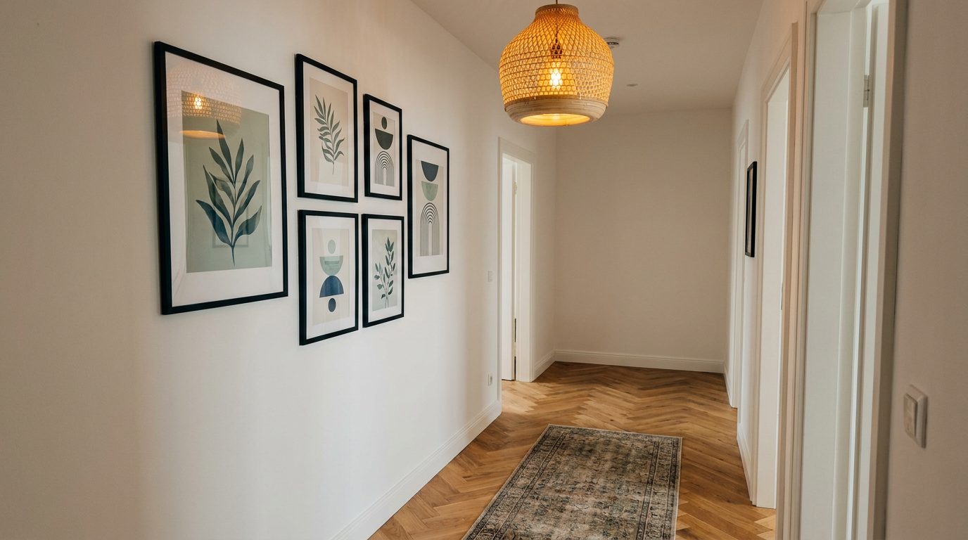 Modern hallway with a gallery wall of five framed prints in matching black frames