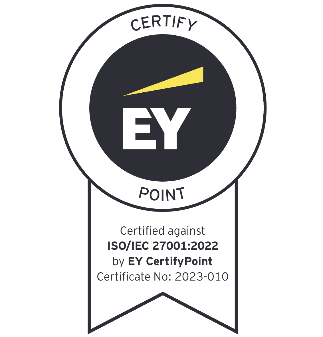 EY CertifyPoint badge for ISO/IEC 27001:2022 certification, featuring a yellow accent and certificate number 2023-010.