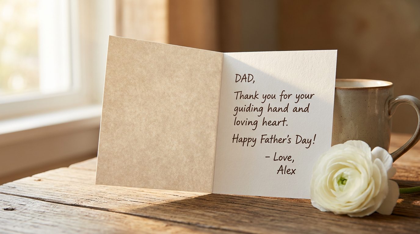 Open Father's Day card on a wooden table with a handwritten quote and a flower