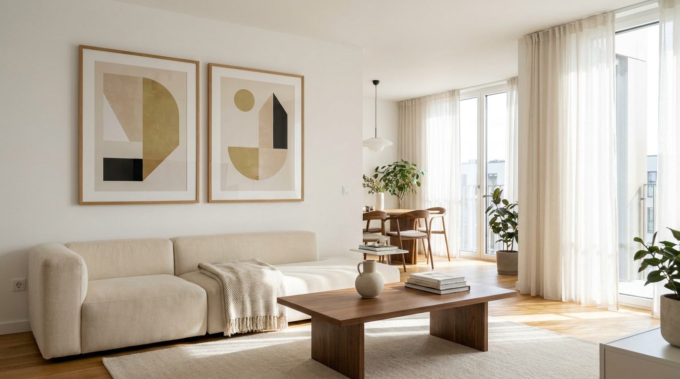 Contemporary apartment with two coordinated modern art prints in thin oak frames on a white wall