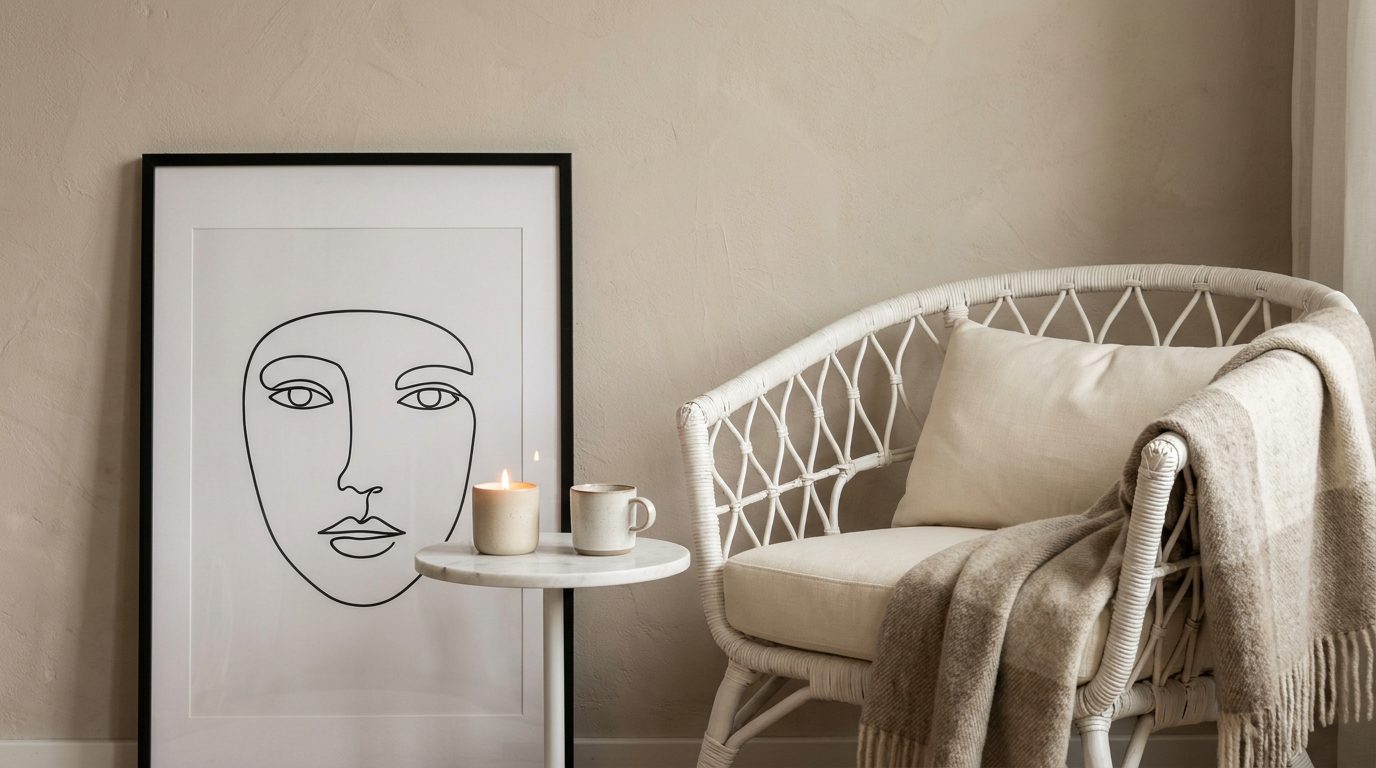 Styled living room corner with framed art print leaning against wall