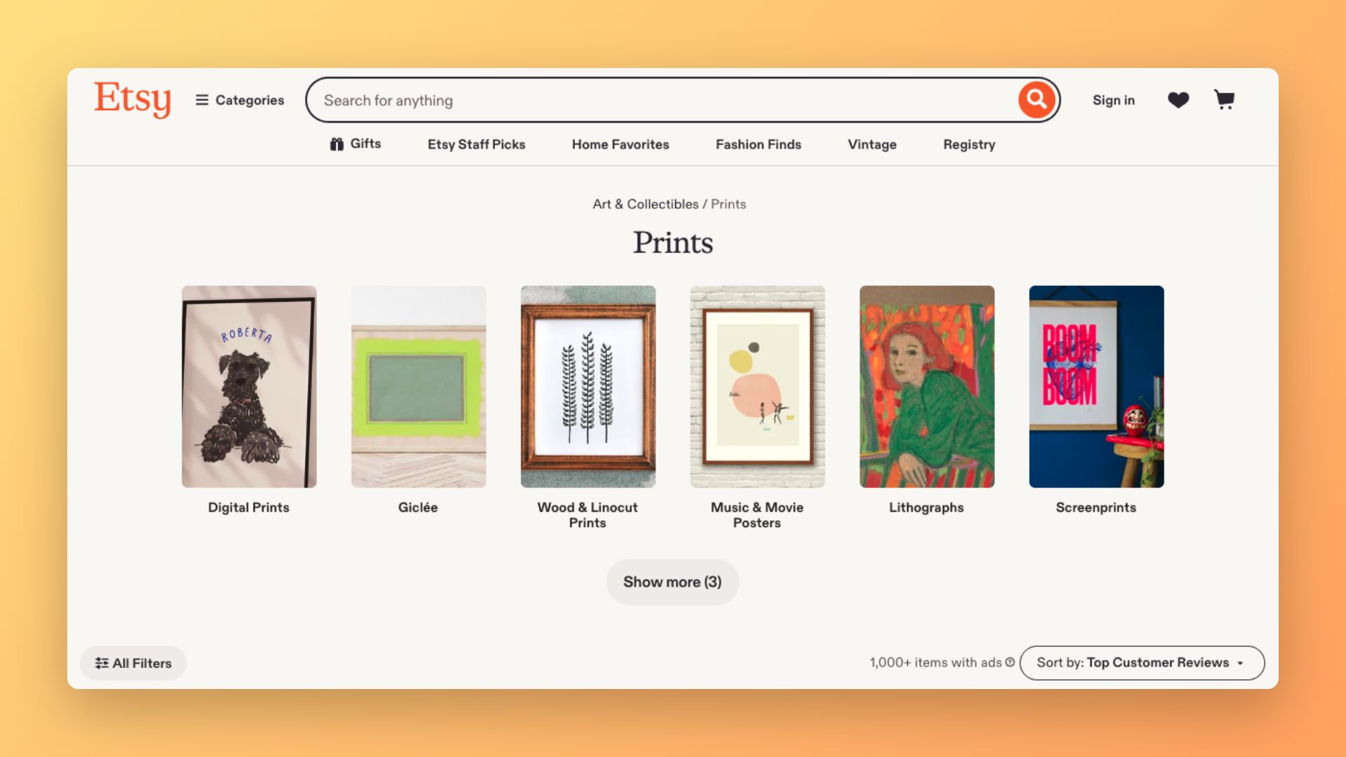 Etsy search results showing POD product listings with Star Seller badges and review counts