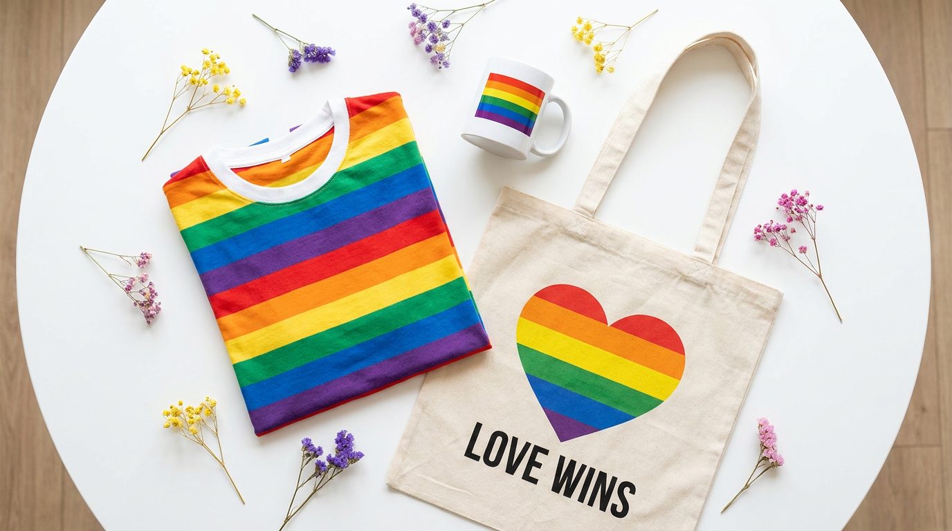 Pride-themed merchandise including t-shirt, tote bag, and mug in a flat lay arrangement
