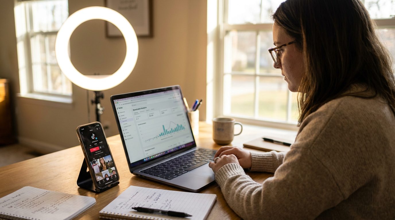 Content creator reviewing TikTok monetisation data at a desk with phone and laptop