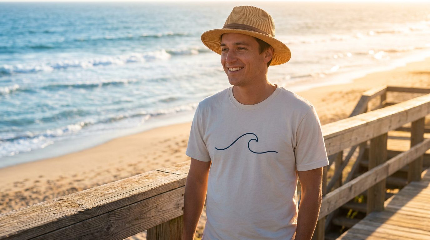 Person in a minimal wave-design custom t-shirt on a sunny boardwalk with ocean in background