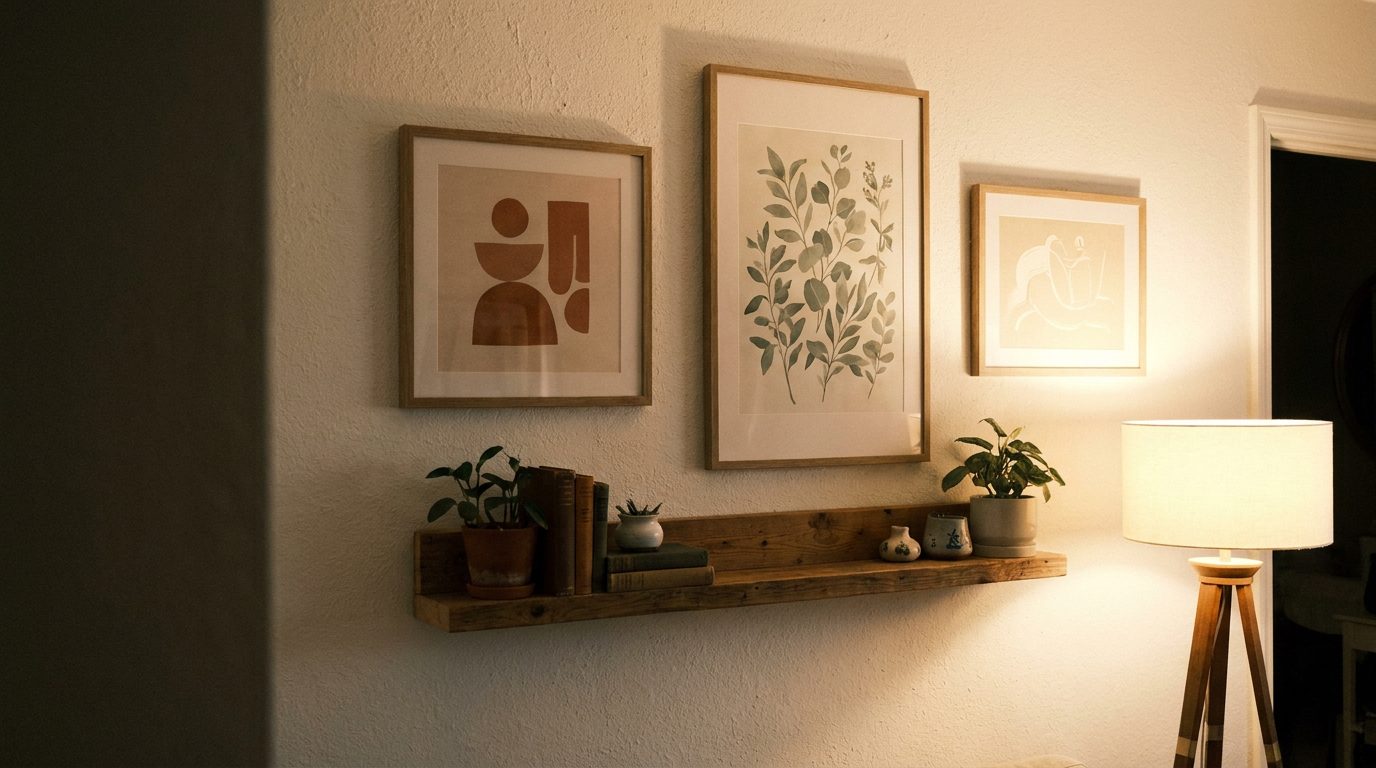 Gallery wall arrangement with three framed art prints in neutral tones