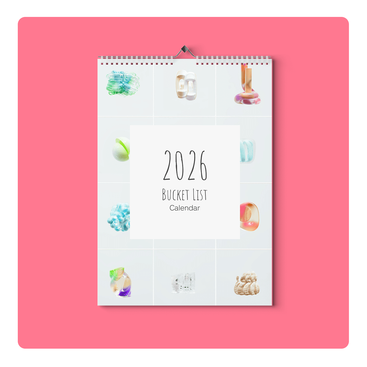2026 Bucket List Calendar with various colorful abstract designs on a pink background.