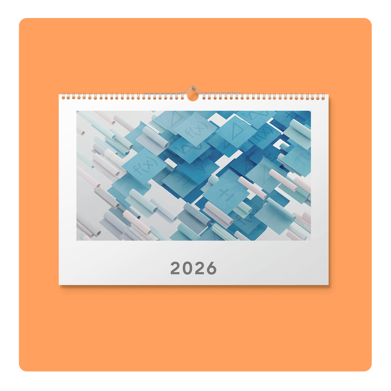 Calendar page for 2026 featuring an abstract design of overlapping blue and white 3D blocks with mathematical symbols.