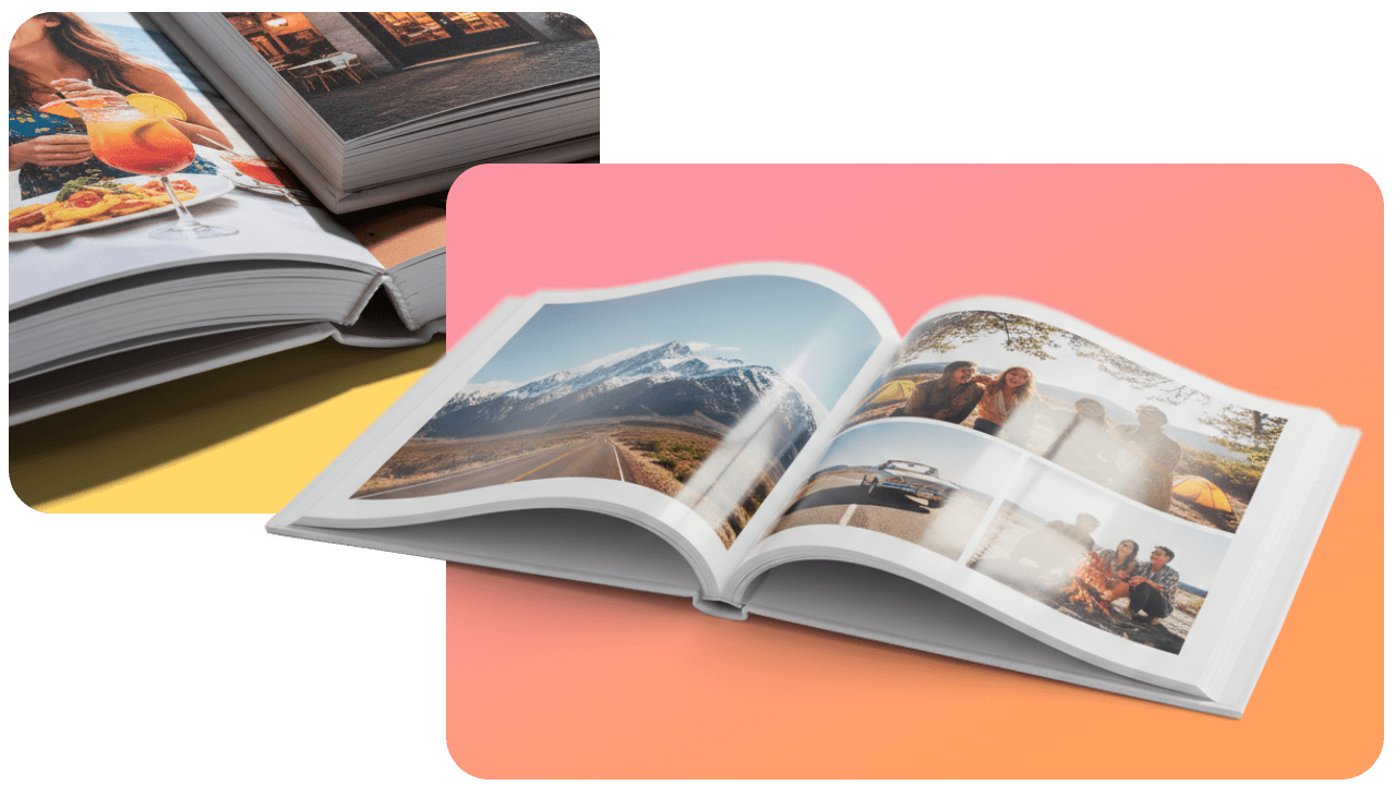 Two open photo books on colorful backgrounds, displaying images of scenic landscapes, food, and people enjoying outdoor activities.