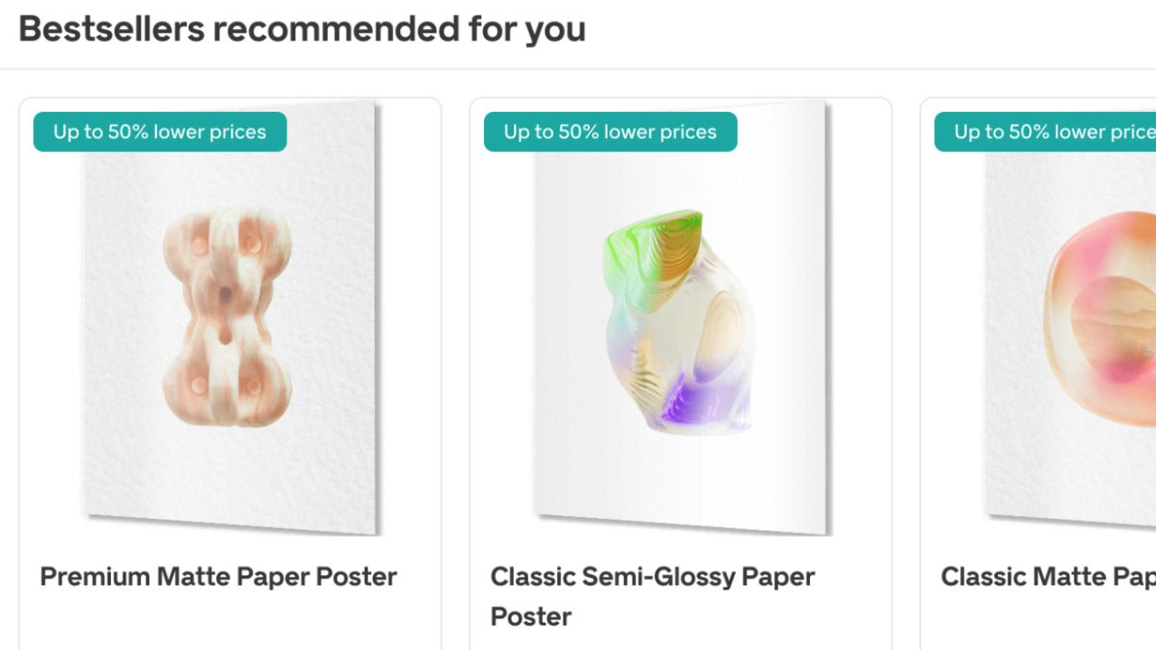 Three abstract art posters with pastel colors, each labeled with "Up to 50% lower prices." Titles: Premium Matte, Classic Semi-Glossy, Classic Matte.
