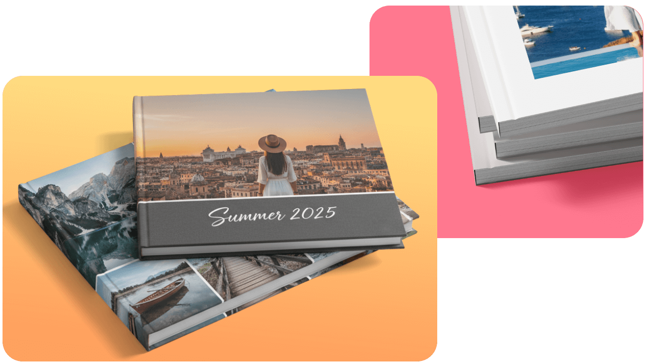 Two photo books on colorful backgrounds, one titled "Summer 2025" with a scenic cover, and another showing a close-up of its spine.