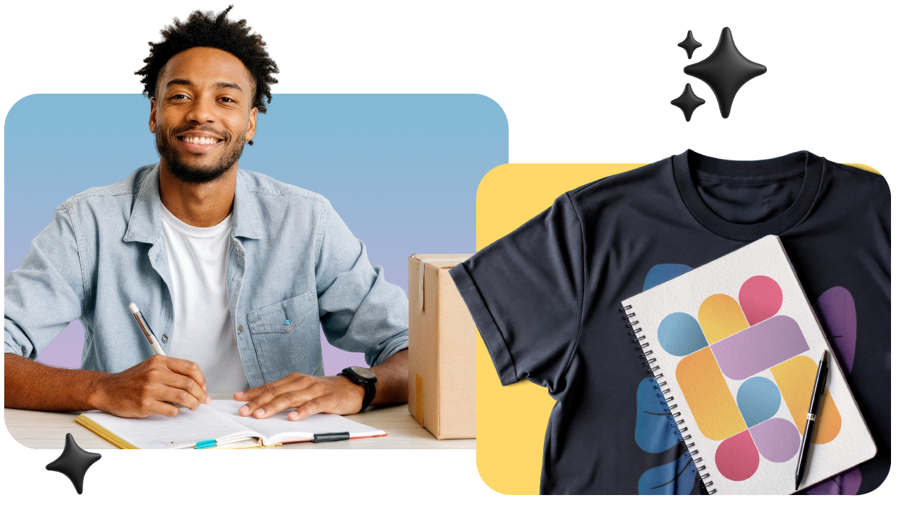 Smiling person writing in a notebook at a desk, next to a t-shirt and notebook with colorful abstract designs.