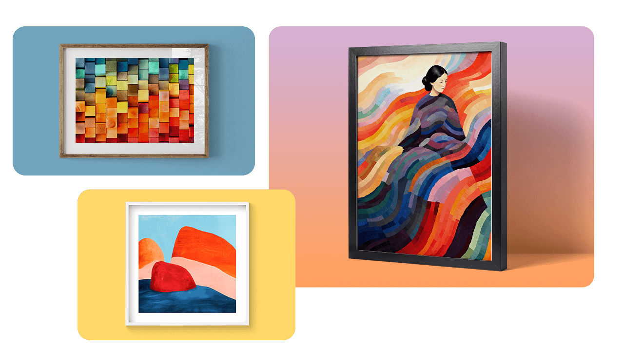 Three framed artworks: abstract geometric shapes, a colorful woman in waves, and vibrant rocks. Backgrounds in blue, pink, and yellow.