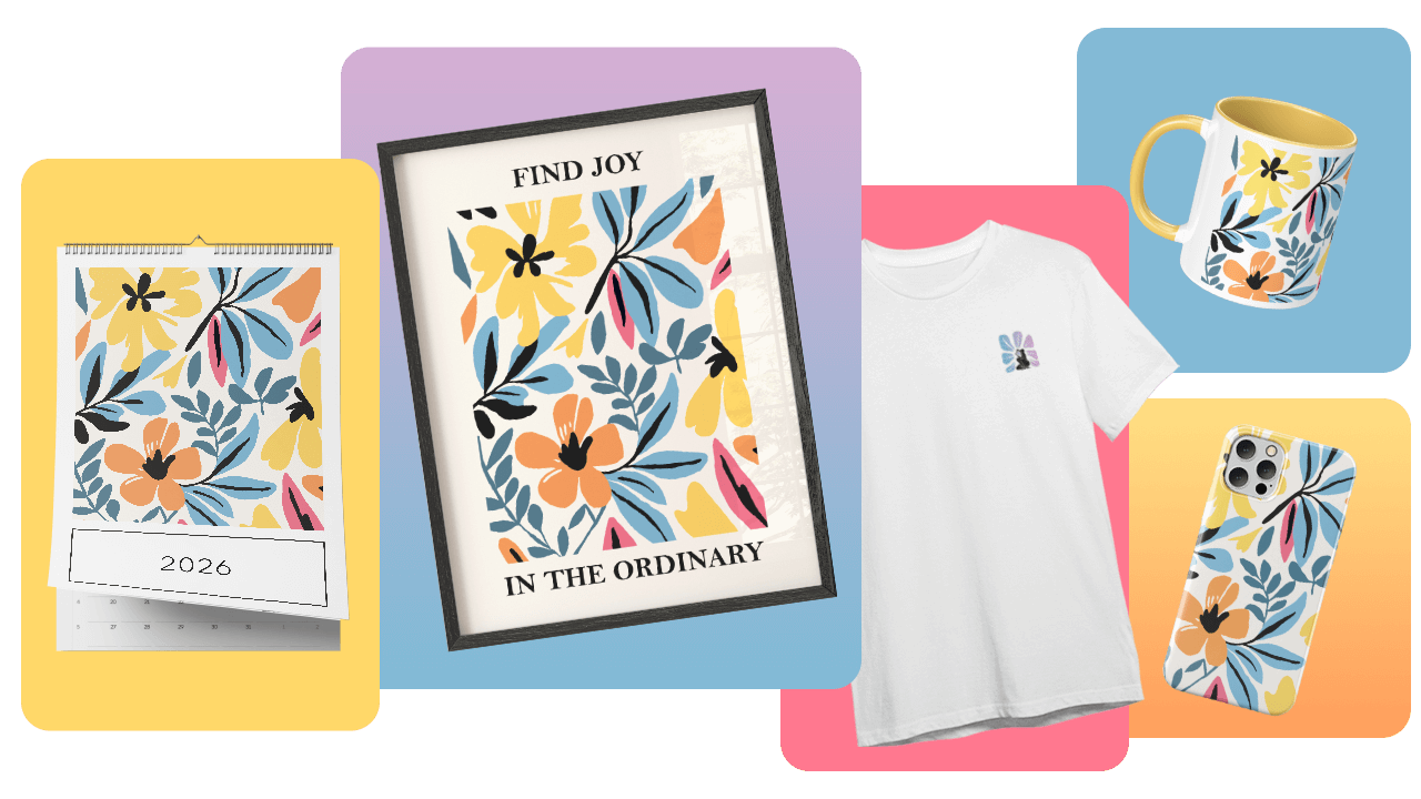 Colorful floral-themed products including a calendar, framed print, mug, T-shirt, and phone case, each with vibrant abstract designs.