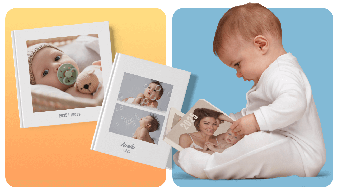 A baby in white pajamas sits on a blue background, holding a photo book. Two more photo books are displayed on an orange background.