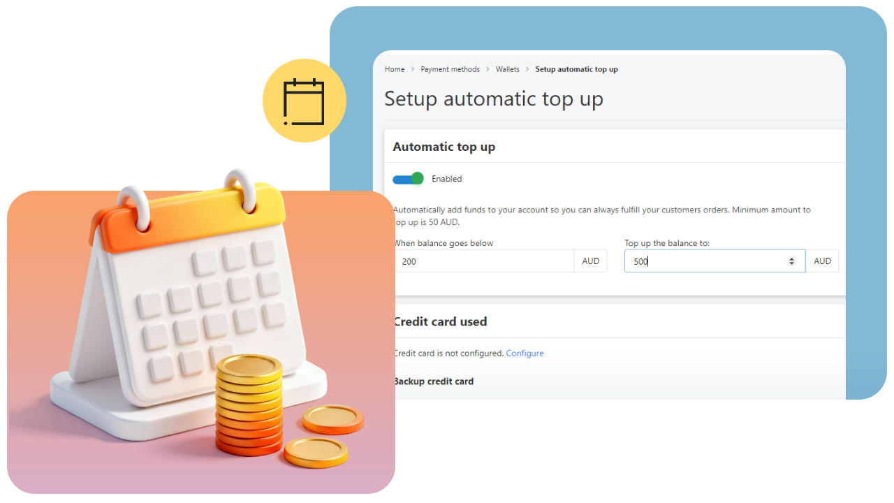 Illustration of a calendar and coins next to a webpage showing automatic top-up settings with balance thresholds and currency options.
