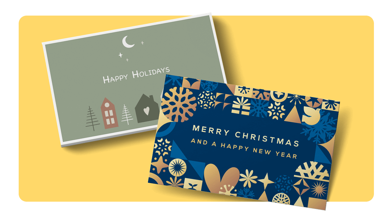 Two holiday cards: one green with "Happy Holidays" and one blue with "Merry Christmas and a Happy New Year," featuring festive designs.