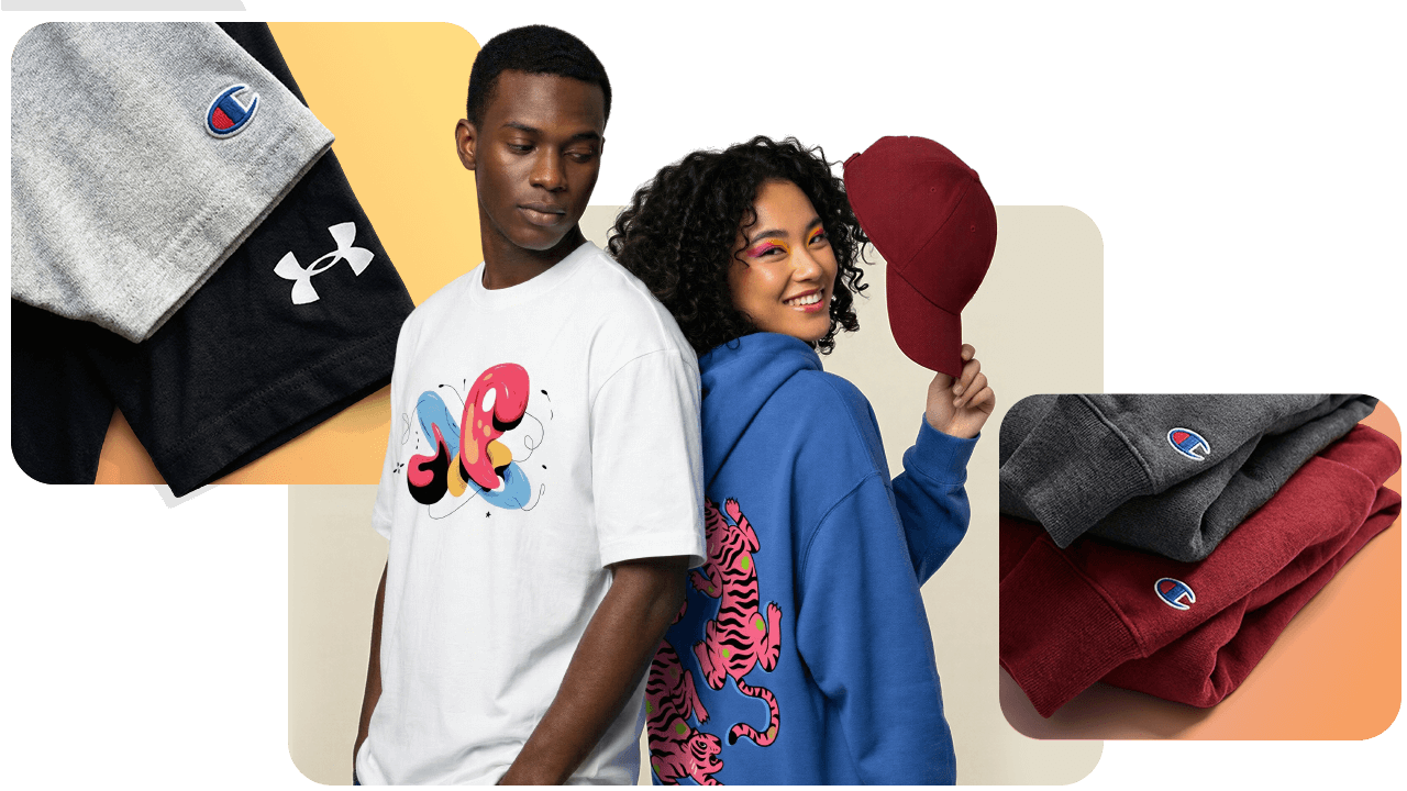 Two people posing in branded clothes, with folded athletic wear items and a red hat beside them.