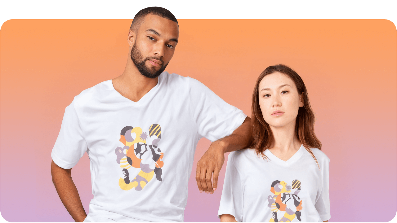 Two people wearing white T-shirts with abstract designs stand against a gradient orange background, looking at the camera.