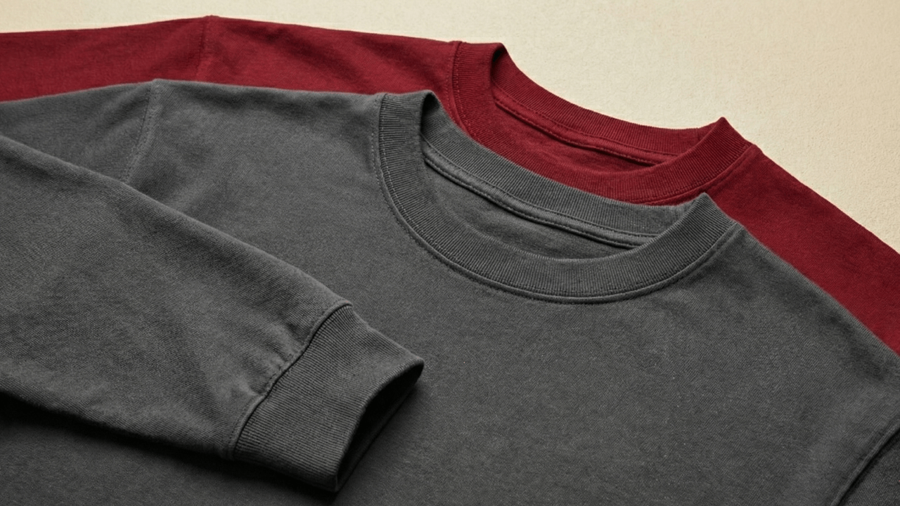 Two folded crewneck sweatshirts, dark gray on top and maroon underneath, showing collars and a sleeve cuff on a beige surface.