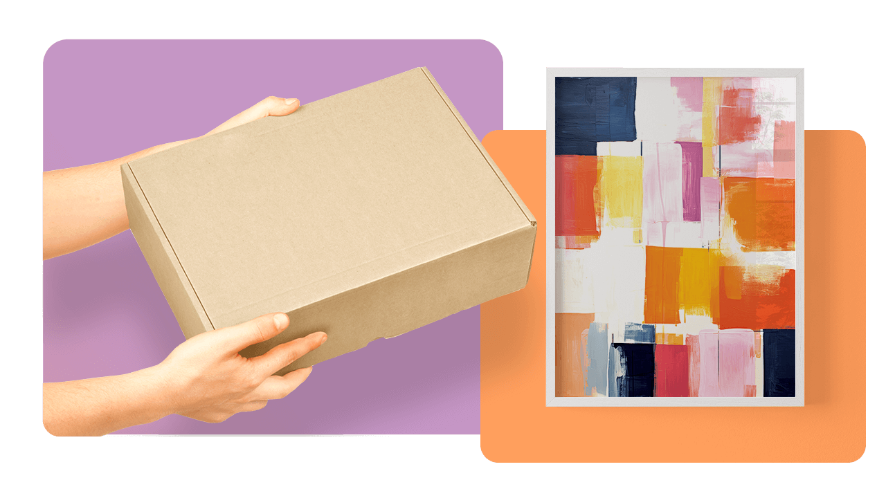Hands holding a cardboard box next to a colorful abstract painting with a frame on a purple and orange background.