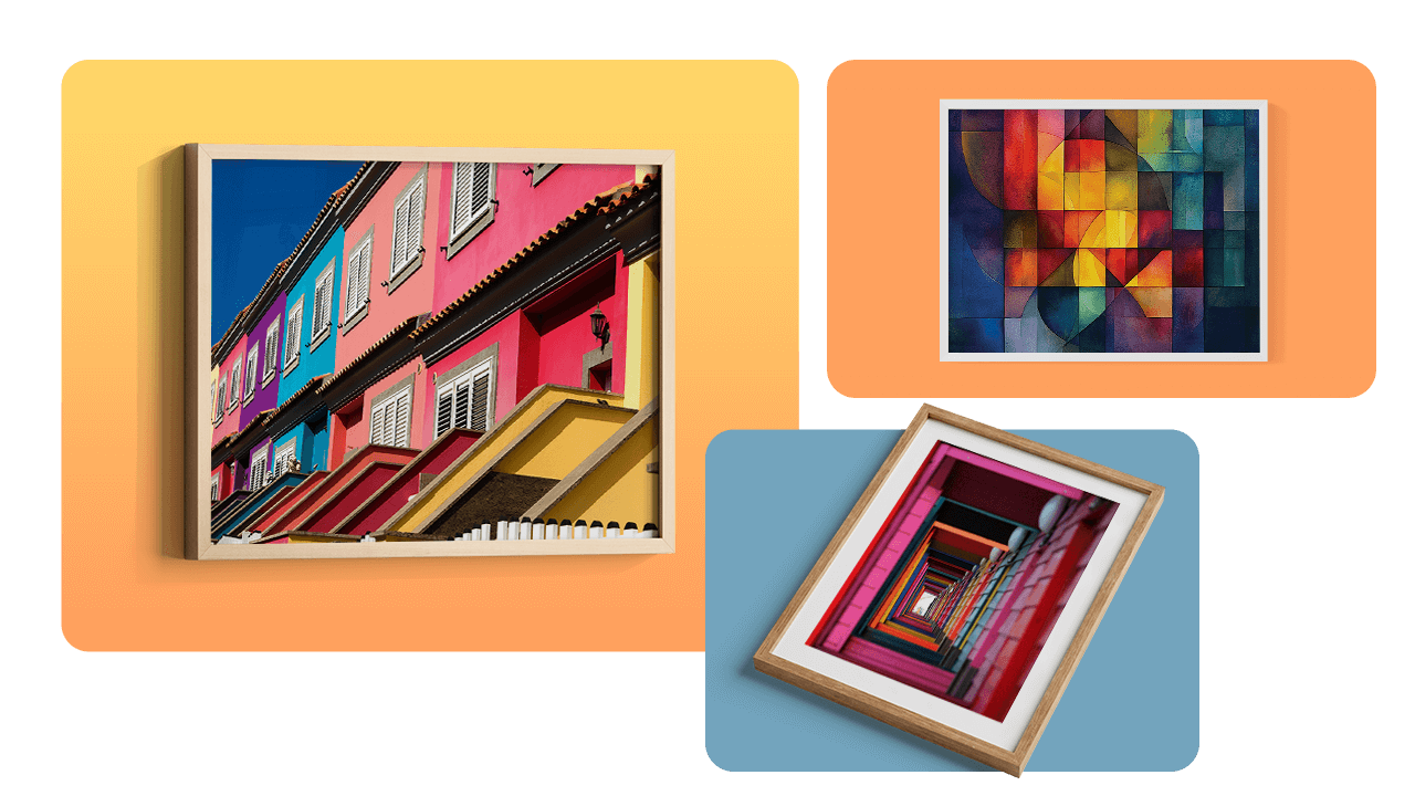 Framed colorful artworks: a vibrant street scene, an abstract geometric pattern, and a perspective view of a multicolored corridor.