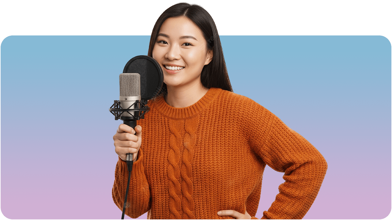 Smiling woman in an orange sweater holds a microphone, standing against a gradient blue and purple background.