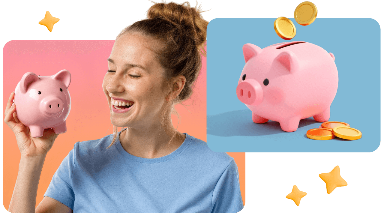 Smiling woman holding a piggy bank, with another piggy bank and coins in the background.