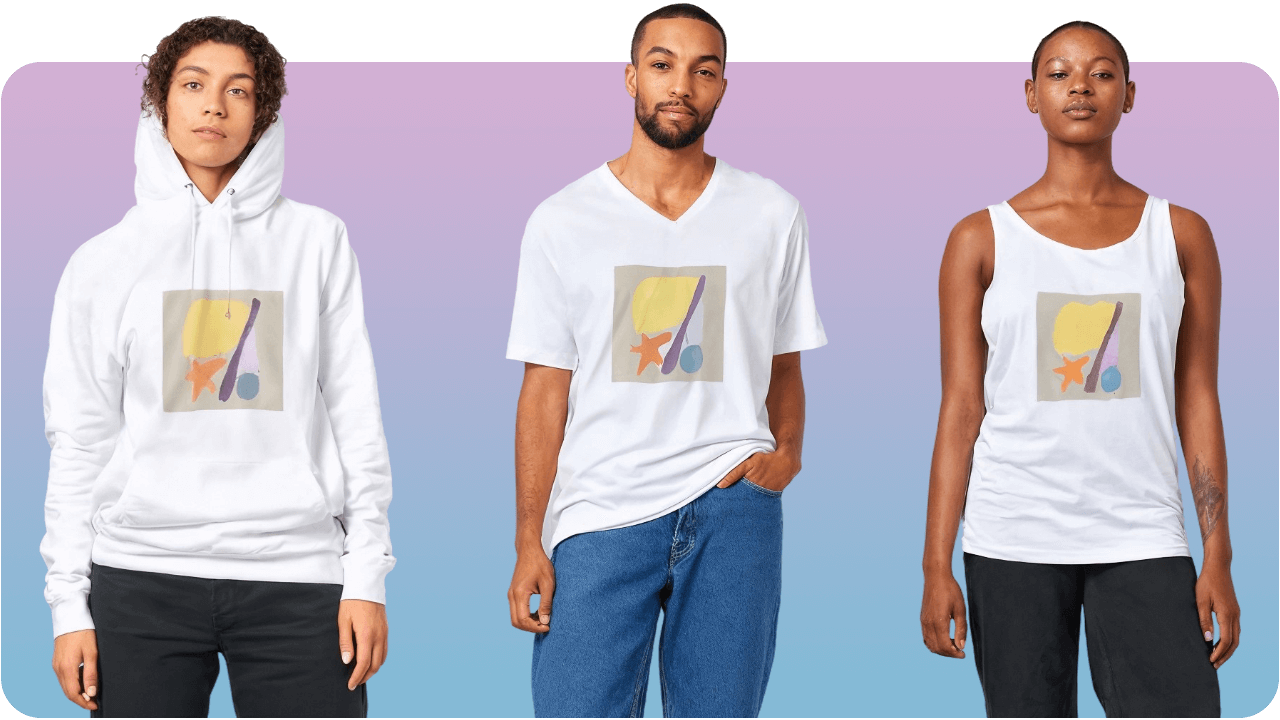 Three people wearing white tops with abstract designs stand against a gradient background. The tops include a hoodie, T-shirt, and tank top.