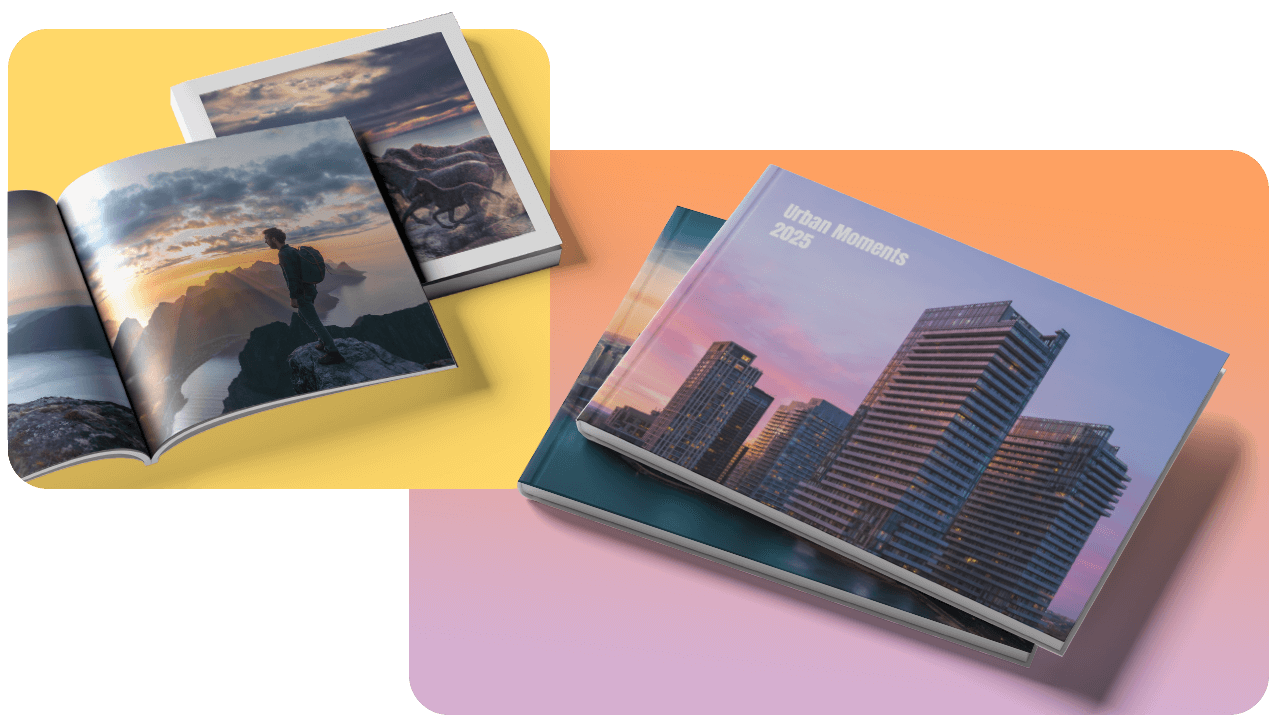 Two open photo books with nature images and a closed book titled "Urban Moments 2023" featuring a cityscape cover on a colorful background.