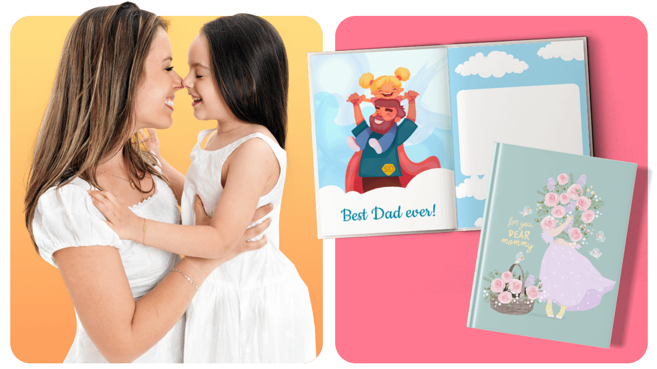 A mother and daughter smiling at each other, with two greeting cards displayed beside them, one for a dad and one with a floral design.