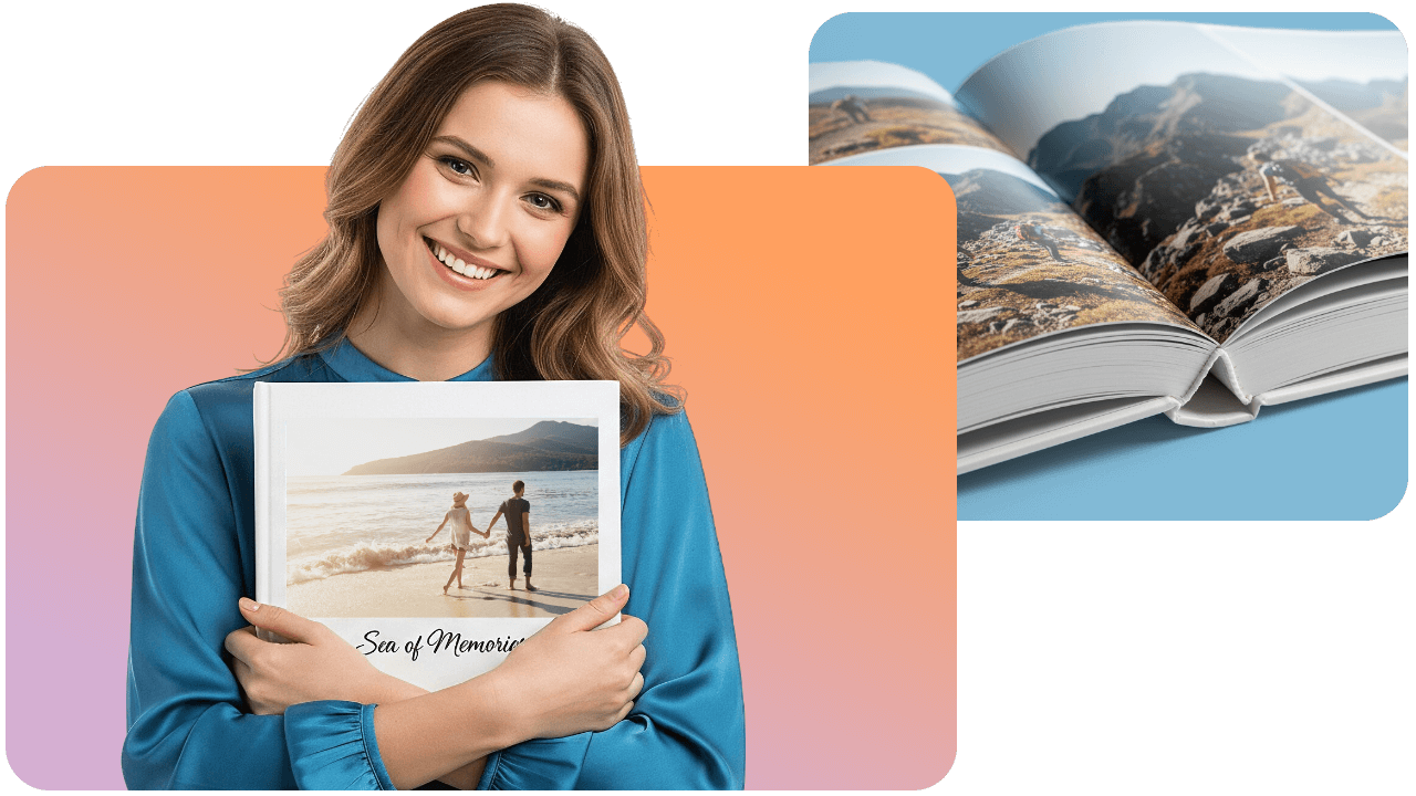 Smiling woman in blue holds a photo album with a beach scene on the cover; another open album shows landscape photos.