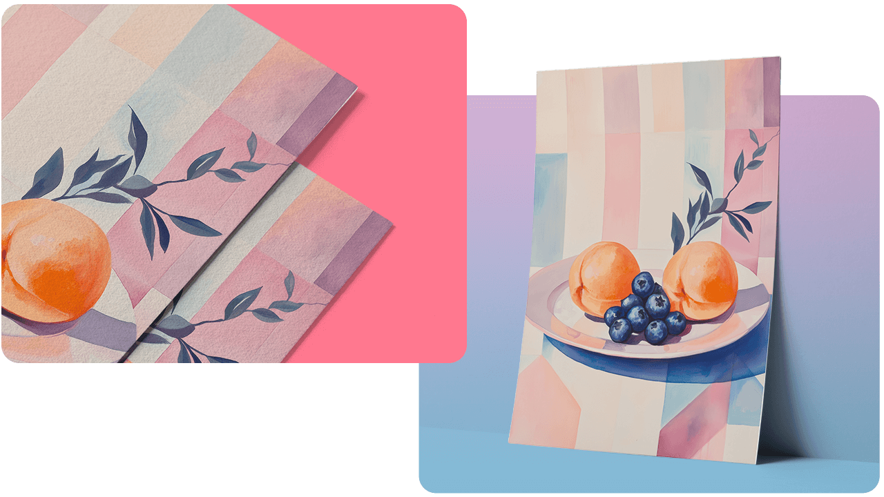 Artistic card with a pastel geometric background featuring two oranges, blueberries, and leafy branches on a plate.