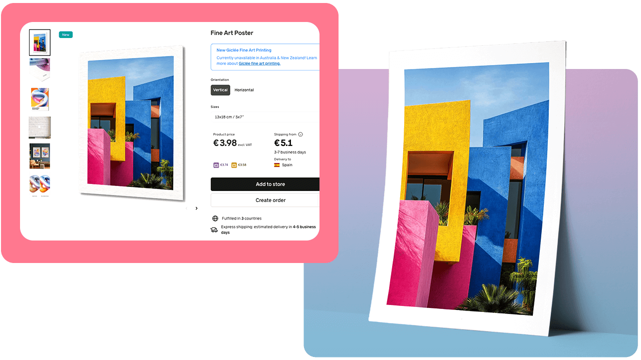 Colorful geometric building art poster displayed on a website, showcasing vibrant yellow, blue, and pink walls with greenery.