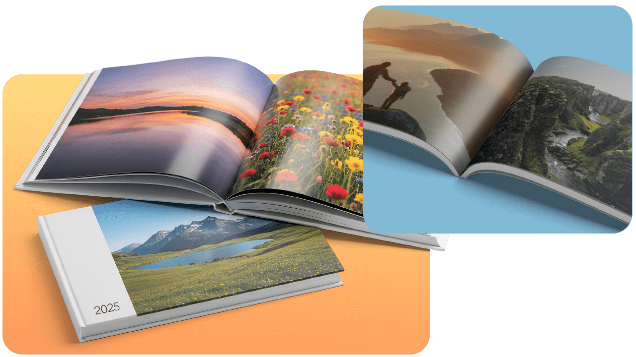 Open photo books with scenic landscapes, including a sunset over water, colorful flowers, and mountains, placed on colored backgrounds.