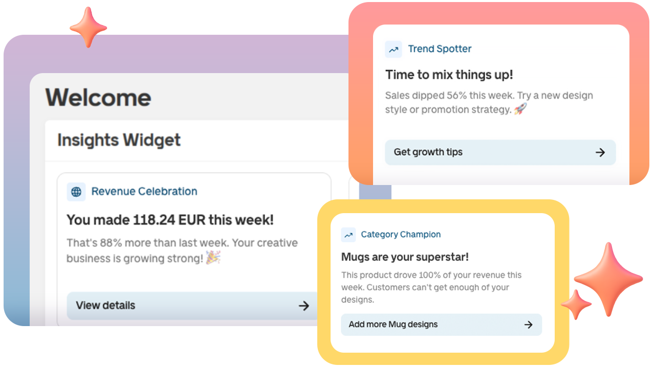 Dashboard with three notifications: revenue celebration, trend spotting for design strategy, and top-selling mug designs, with decorative sparkles.