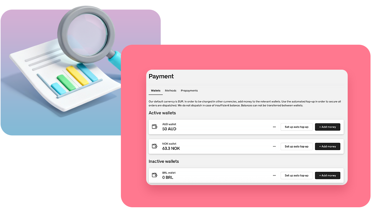 Illustration of a document with a magnifying glass, next to a digital payment interface showing active and inactive wallets.