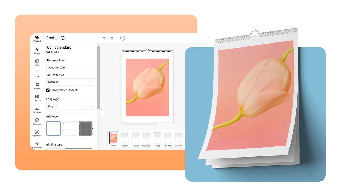 Calendar design interface showing a pink tulip image on a wall calendar, with options for start month, week view, and grid type.