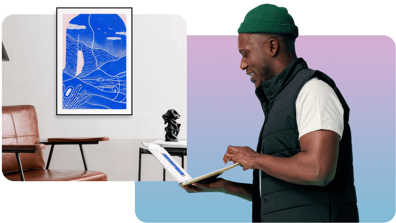 A person in a green beanie uses a tablet. Nearby, a modern room features a leather chair, abstract blue artwork, and a small sculpture.
