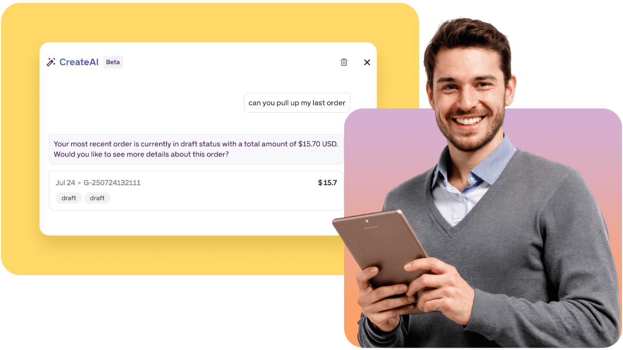Smiling man holding a tablet next to a chat interface displaying order details from "CreateAI."