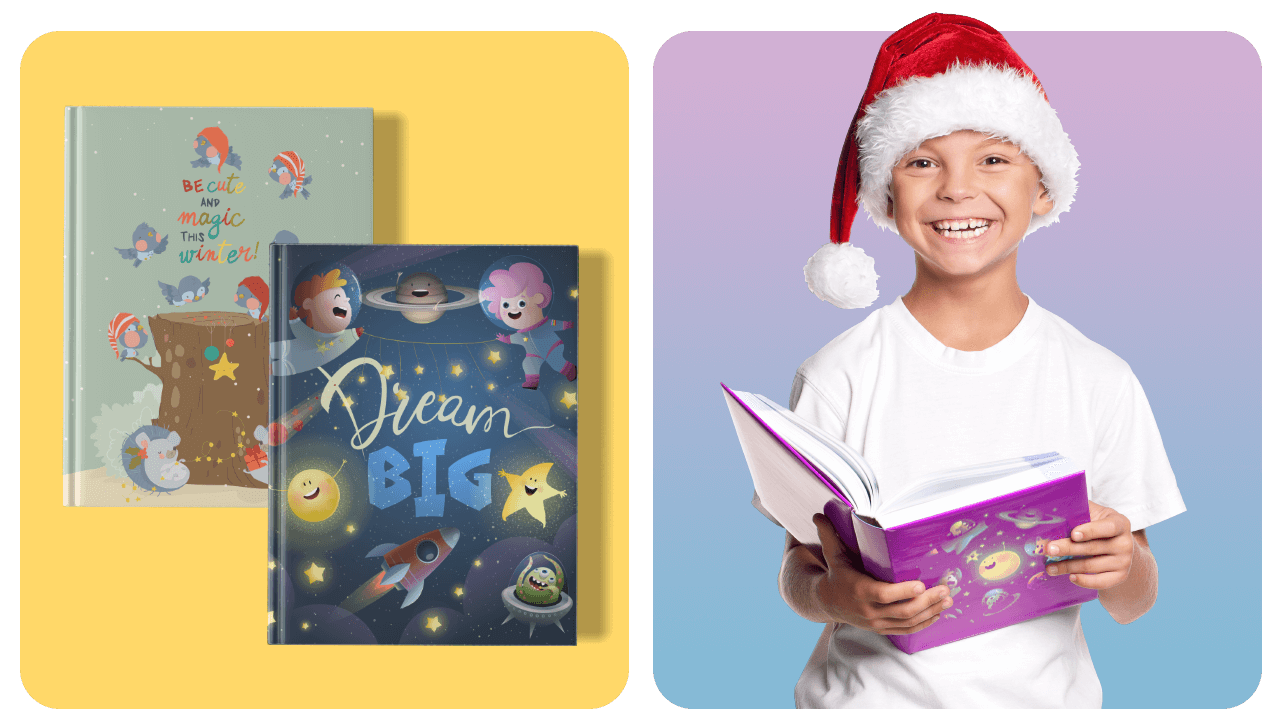 Two colorful children's books with playful illustrations; a smiling child in a Santa hat holds a book, standing against a gradient background.